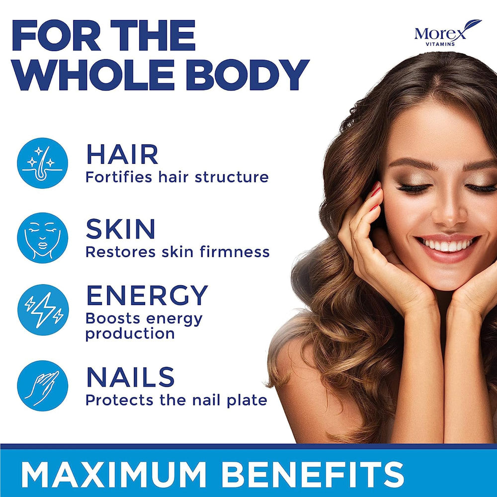 MOREX VITAMINS collagen biotin keratin capsules on counter emphasize resilience and shine