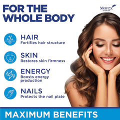 MOREX VITAMINS collagen biotin keratin capsules on counter emphasize resilience and shine