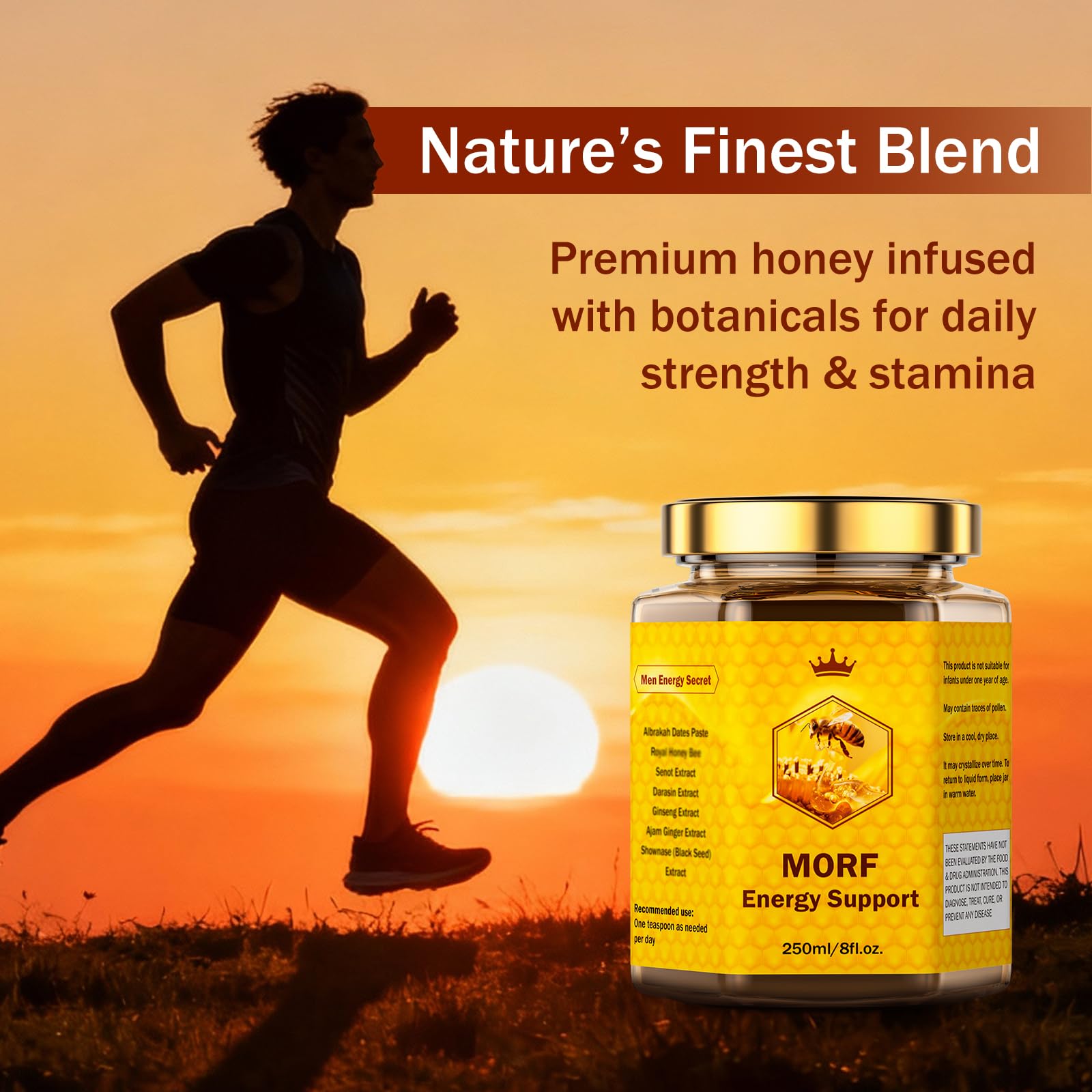 Close-up of MORF Energy Support label highlighting natural ingredients