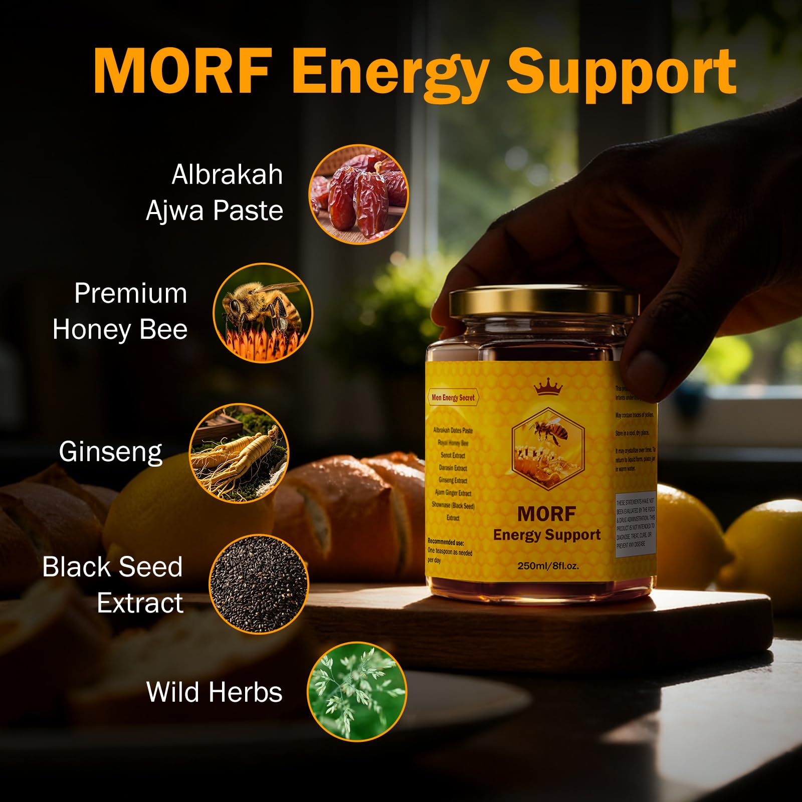 MORF Energy Support Ajwa paste on spoon ready to energize workouts