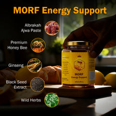 MORF Energy Support Ajwa paste on spoon ready to energize workouts