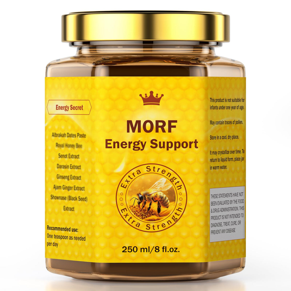 MORF Energy Support Honey Natural Blend jar, creamy texture for quick energy boosts.