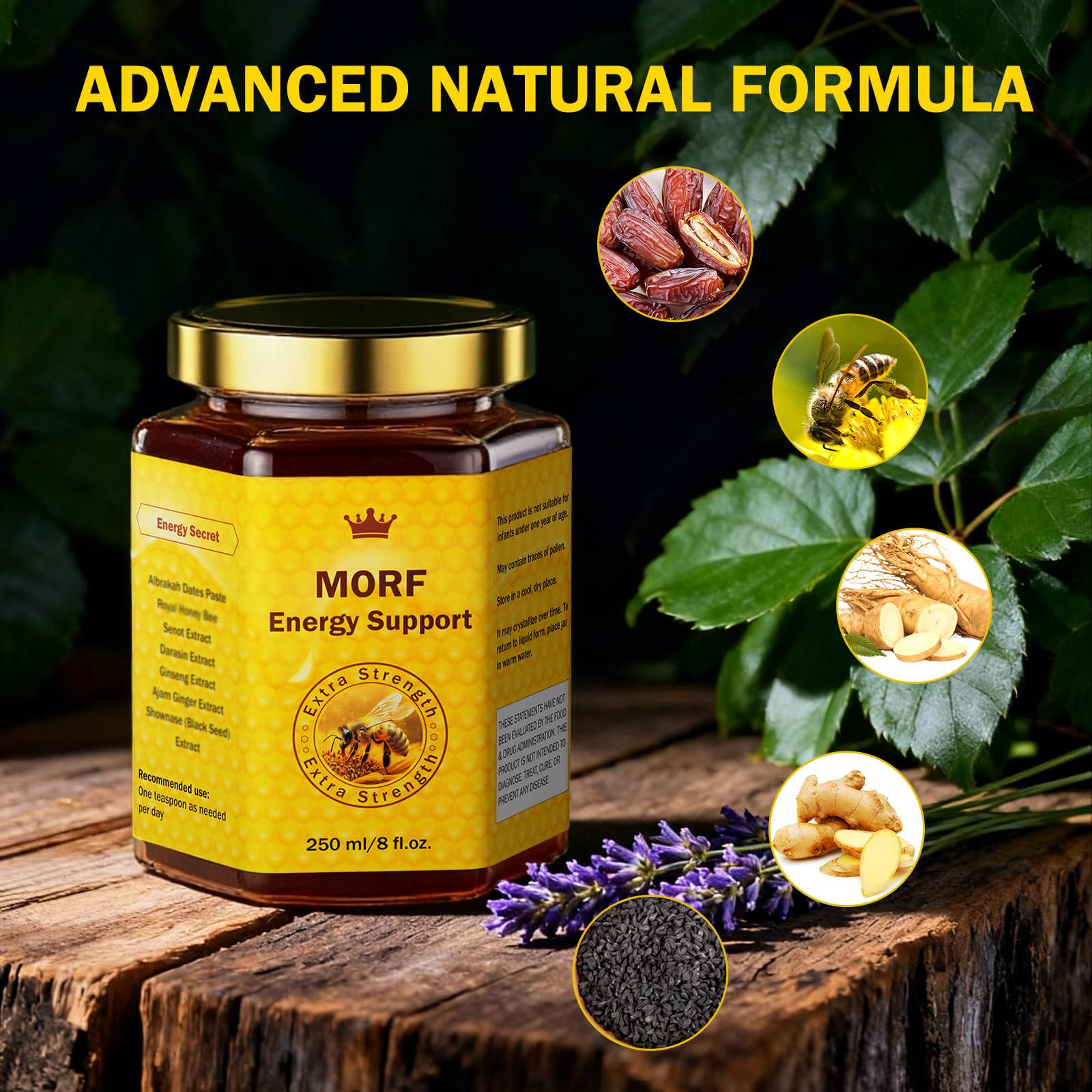 MORF Energy Support Sidr honey ginger extract bottle, fragrant infusion for beverages.