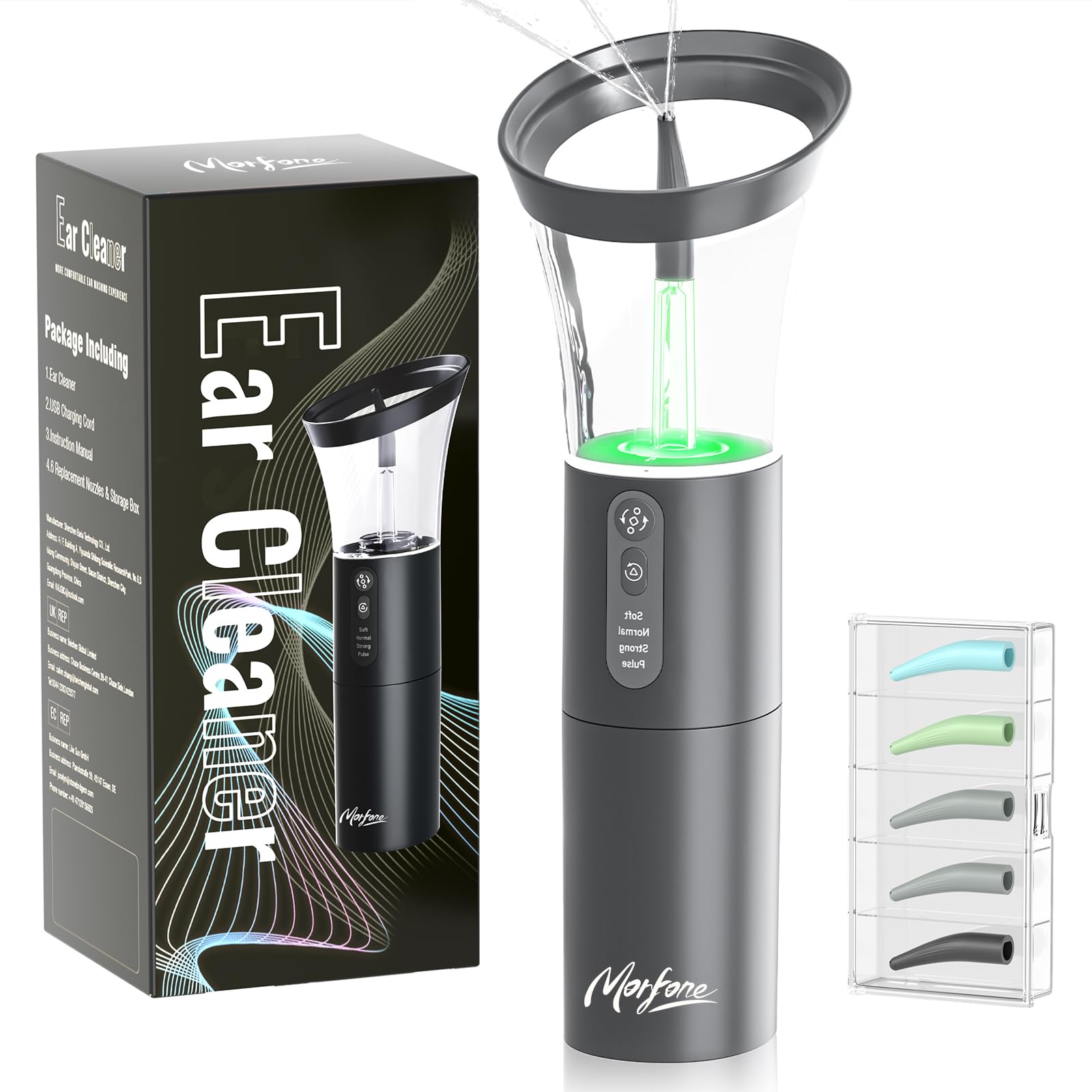 Morfone electric ear-cleaning kit with ergonomic nozzle for comfortable irrigation