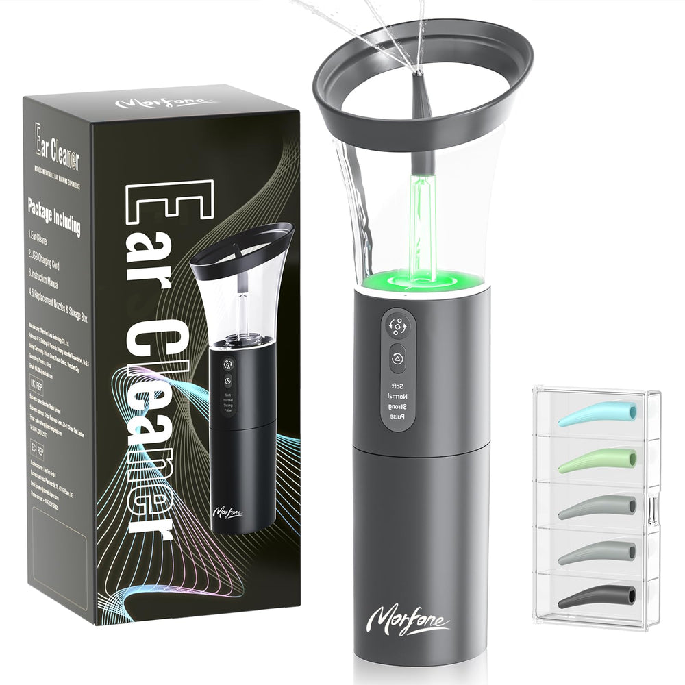 Morfone electric ear-cleaning kit with ergonomic nozzle for comfortable irrigation