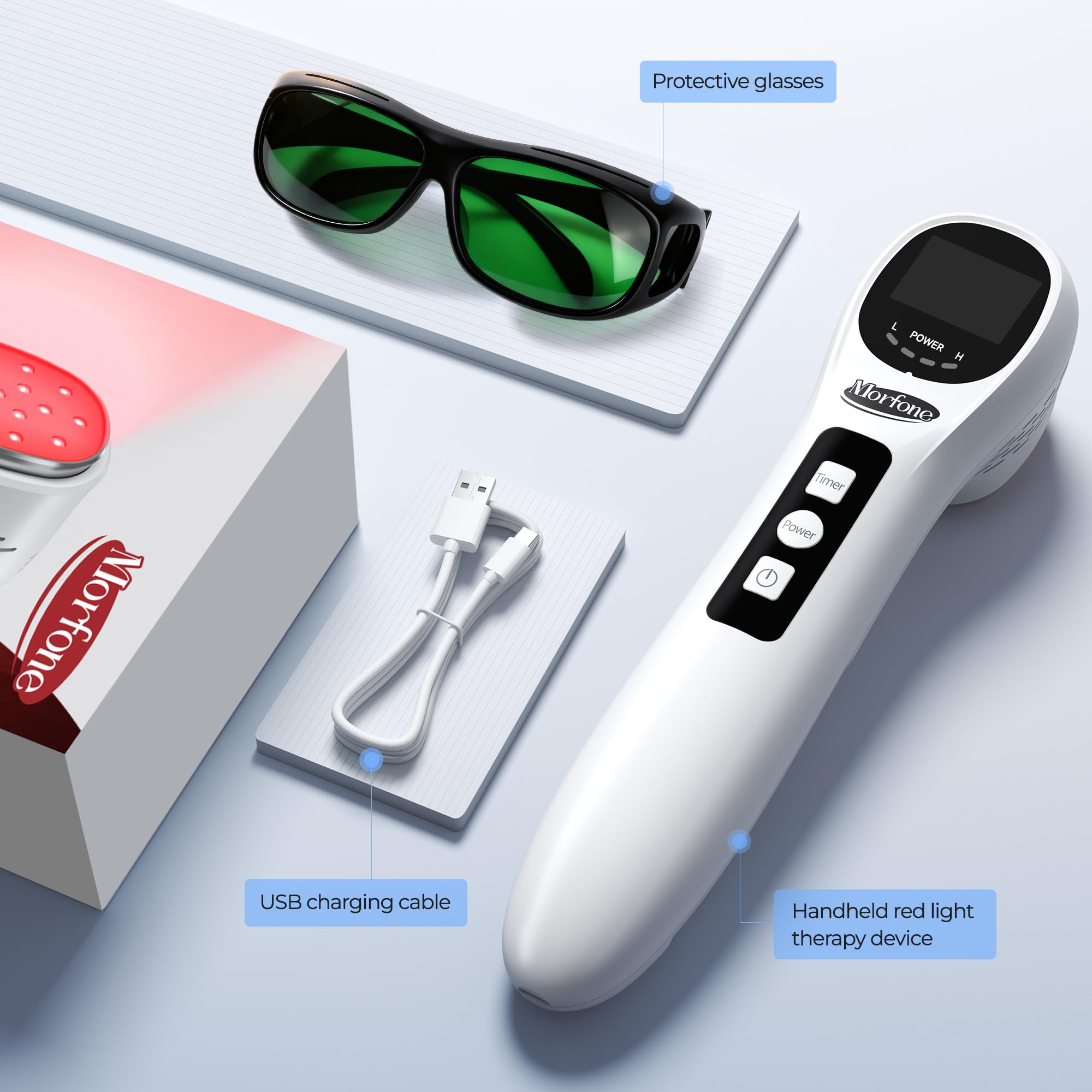 Morfone foldable stand enables hands-free use on desk or floor.