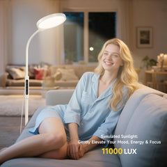 Morfone Happy Light Therapy Lamp with remote control demonstrating easy brightness and color temperature adjustments.
