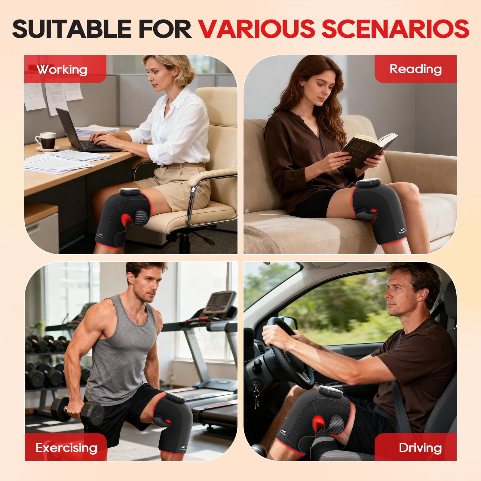 Morfone knee massager with vibration modes for targeted relief.