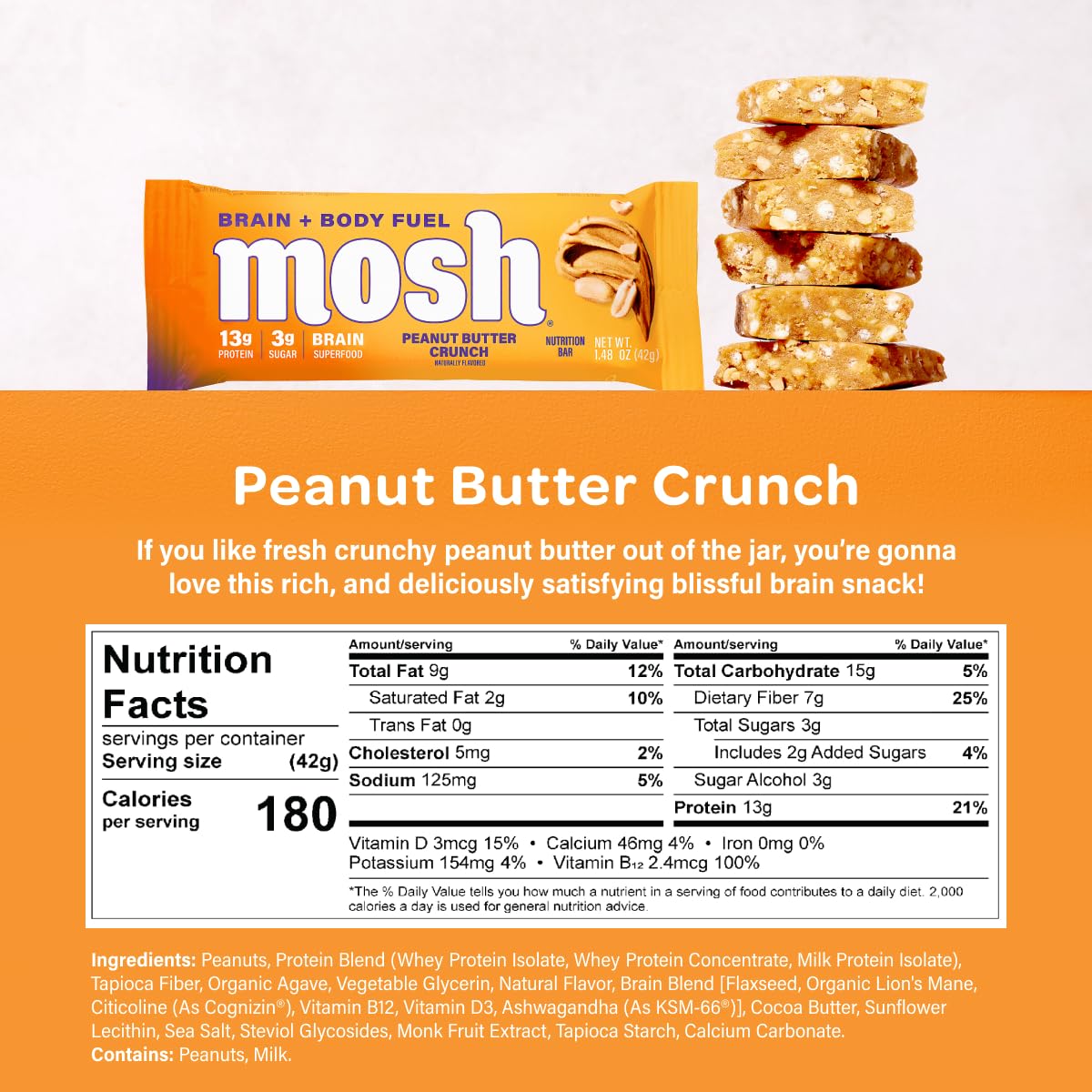 MOSH bars close-up texture showing hazelnut chocolate chip richness.