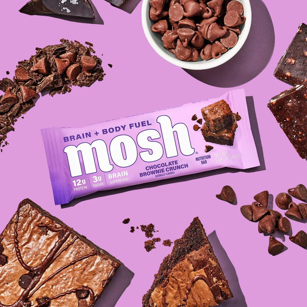 MOSH Chocolate Brownie Bar ingredients panel, highlighting protein and fiber.