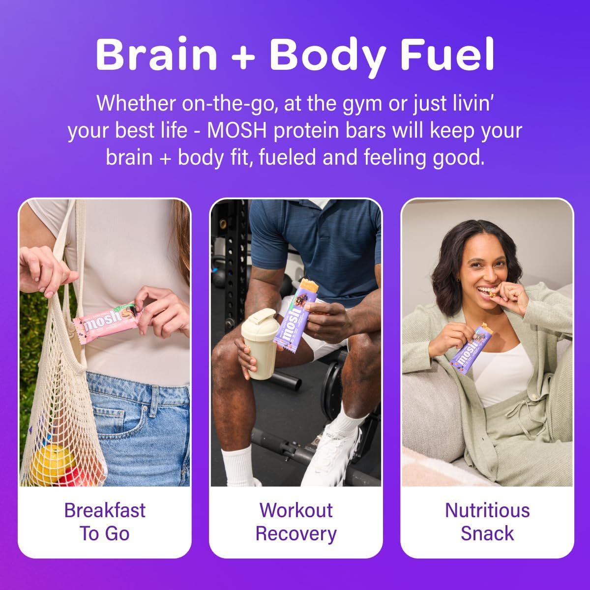 Hand holding MOSH bar highlighting lion's mane and ashwagandha, brain-friendly ingredients.