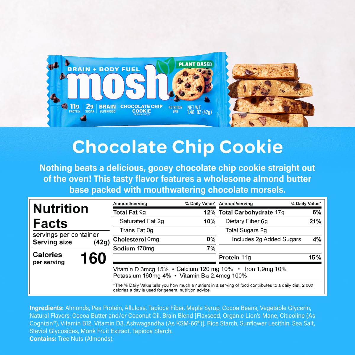 Close-up of almond butter base with chocolate morsels in MOSH bar, tasty and energizing.