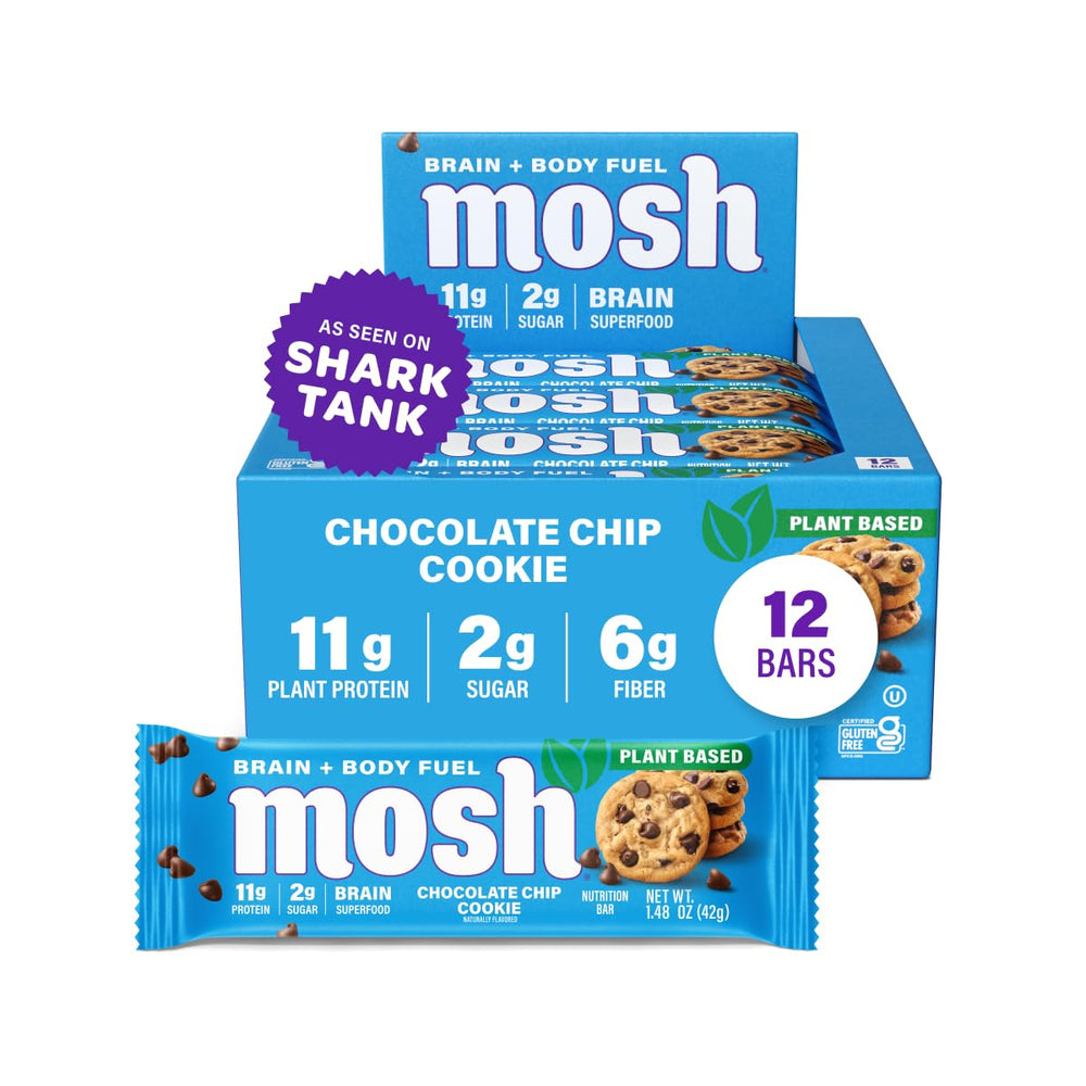 MOSH chocolate chip cookie vegan bar pack—brain-friendly snack with Cognizin and plant protein.