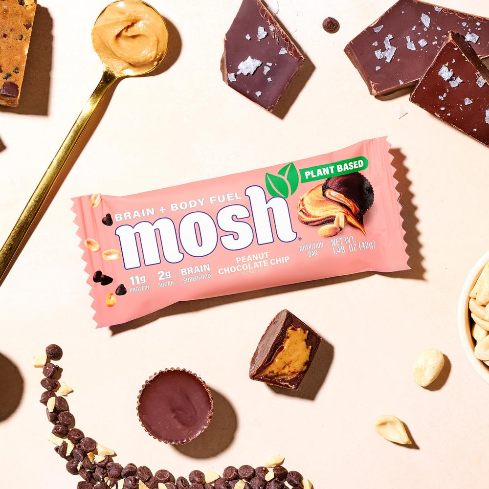 MOSH gluten-free keto bar top view emphasizing low sugar and fiber.
