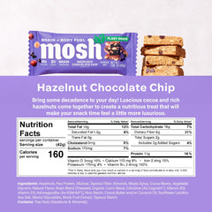 MOSH bar closeup reveals hazelnuts and chips for a rich, protein-packed bite