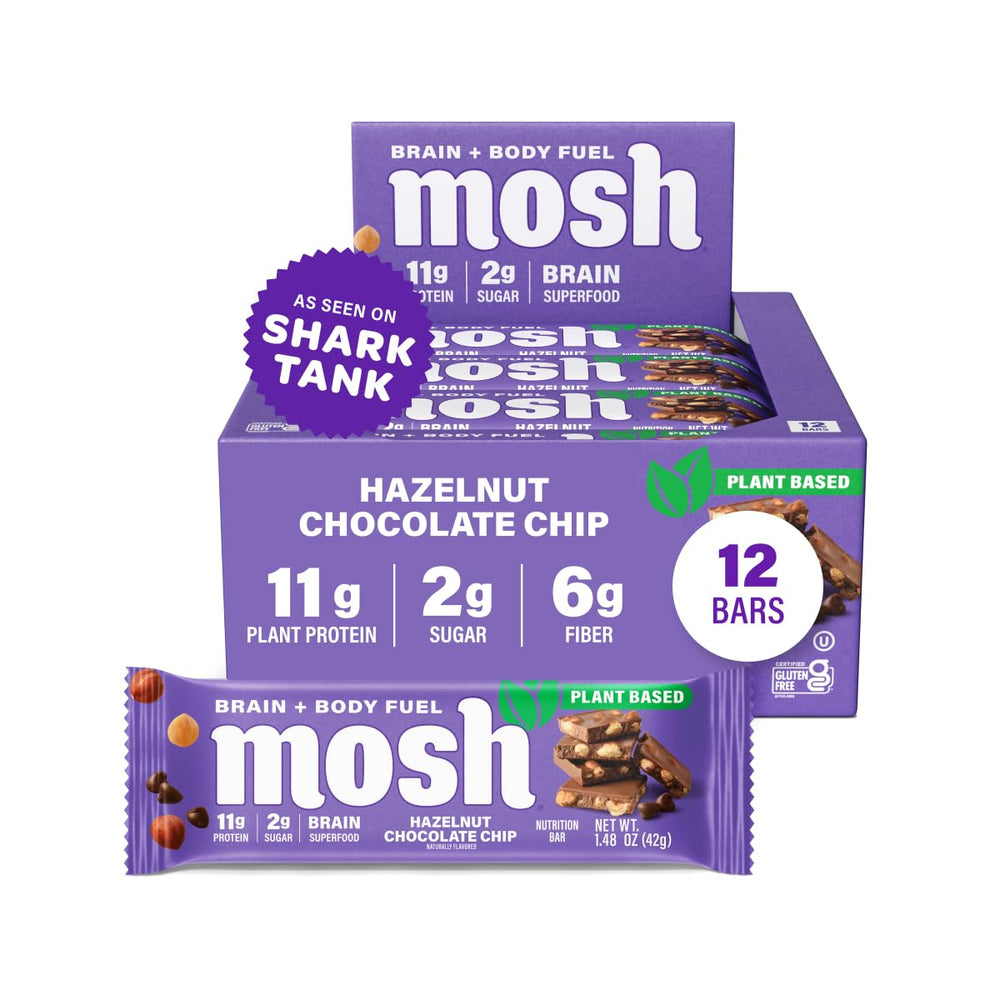MOSH Hazelnut Chocolate Chip bar packaging highlights brain-boosting, keto-friendly protein for on-the-go snacking