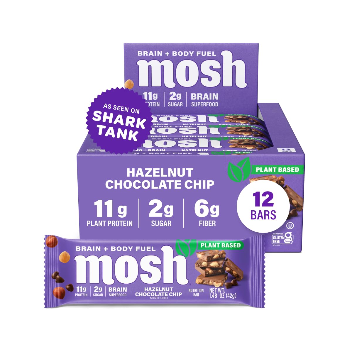 MOSH Hazelnut Chocolate Chip bar packaging highlights brain-boosting, keto-friendly protein for on-the-go snacking