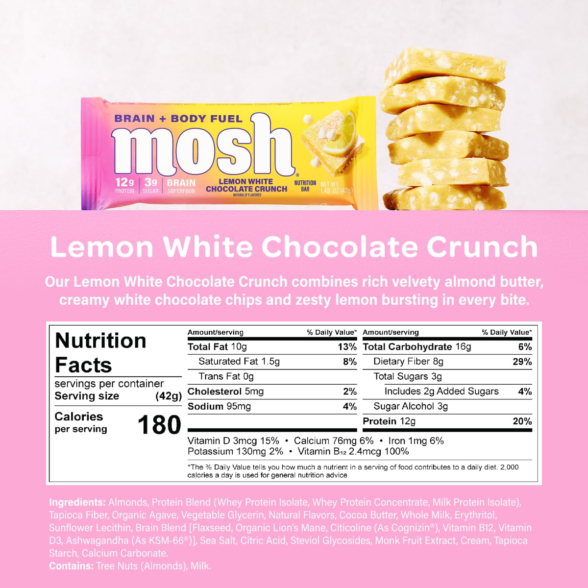 MOSH lemon white chocolate keto bar on kitchen counter with bright lemon zest aroma