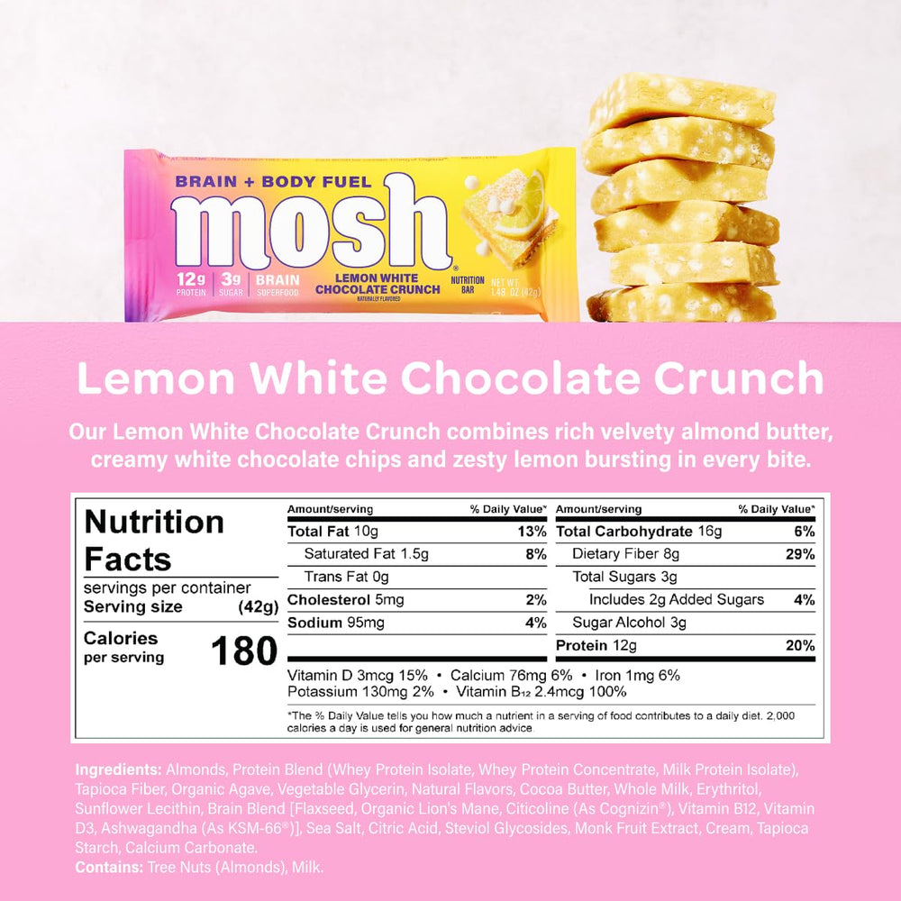 MOSH lemon white chocolate keto bar on kitchen counter with bright lemon zest aroma