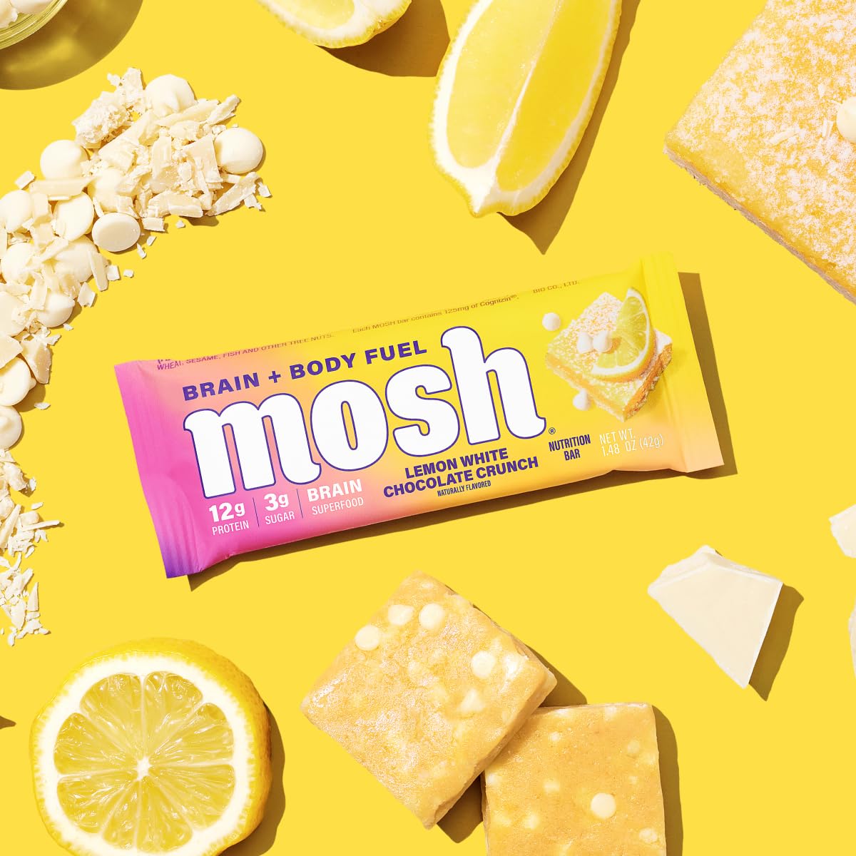 MOSH lemon white chocolate keto bar packaging close-up emphasizes low-carb, gluten-free appeal