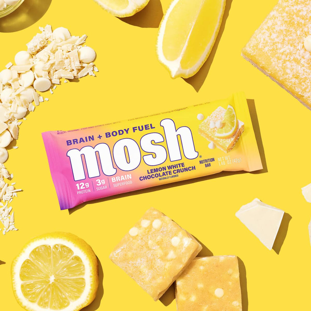MOSH lemon white chocolate keto bar packaging close-up emphasizes low-carb, gluten-free appeal