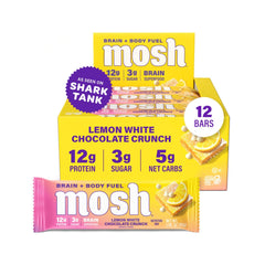 MOSH lemon white chocolate keto bar packaging highlights gluten-free, high-fiber protein option