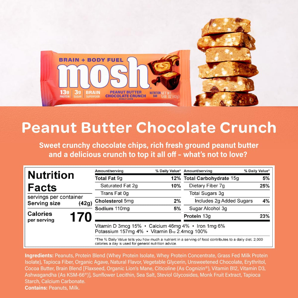 MOSH peanut butter chocolate bar ingredient shot highlighting protein and fiber
