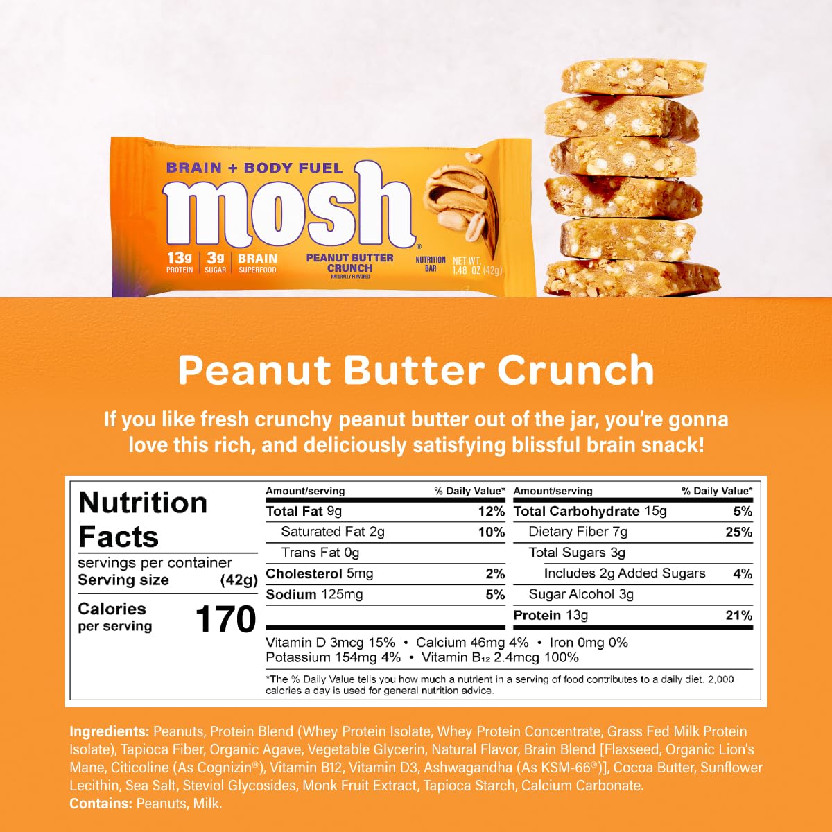 MOSH bar close-up reveals chocolate chips and creamy peanut butter texture