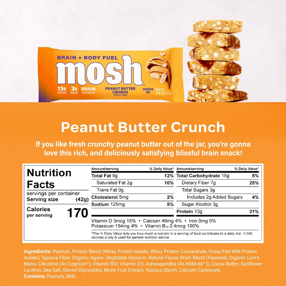 MOSH bar close-up reveals chocolate chips and creamy peanut butter texture