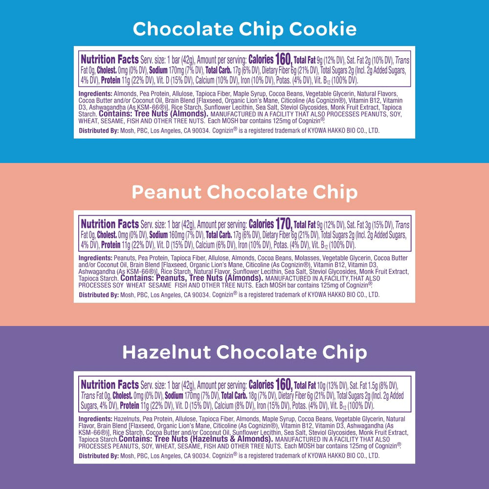 MOSH Peanut Chocolate Chip bar – satisfying vegan snack with low sugar.