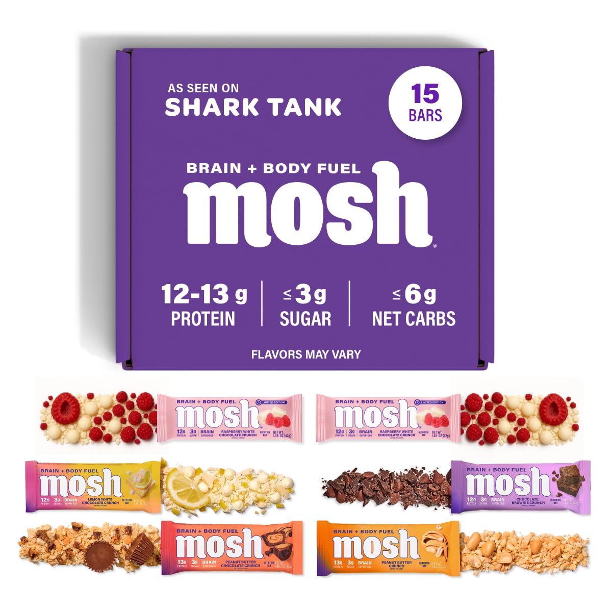 MOSH Variety Pack keto bars front view, gluten-free high-protein snack.