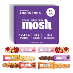 MOSH Variety Pack keto bars front view, gluten-free high-protein snack.