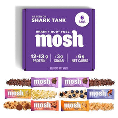 MOSH variety-pack keto bars pack shot showing gluten-free, high-protein snack options.