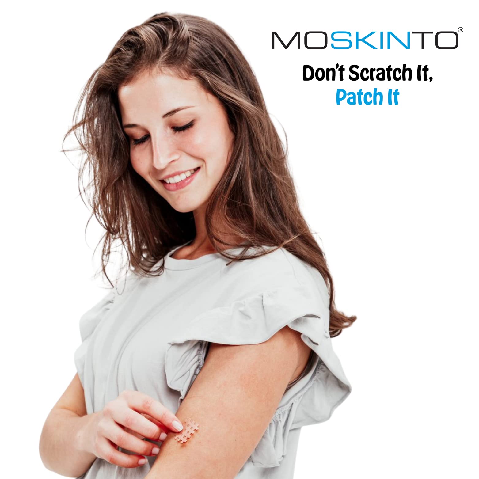 Moskinto patch applied to a mosquito bite showing soothing effect.