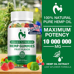 MOSRAY Hemp Gummies packaging on display showing vegan, non-GMO labels.