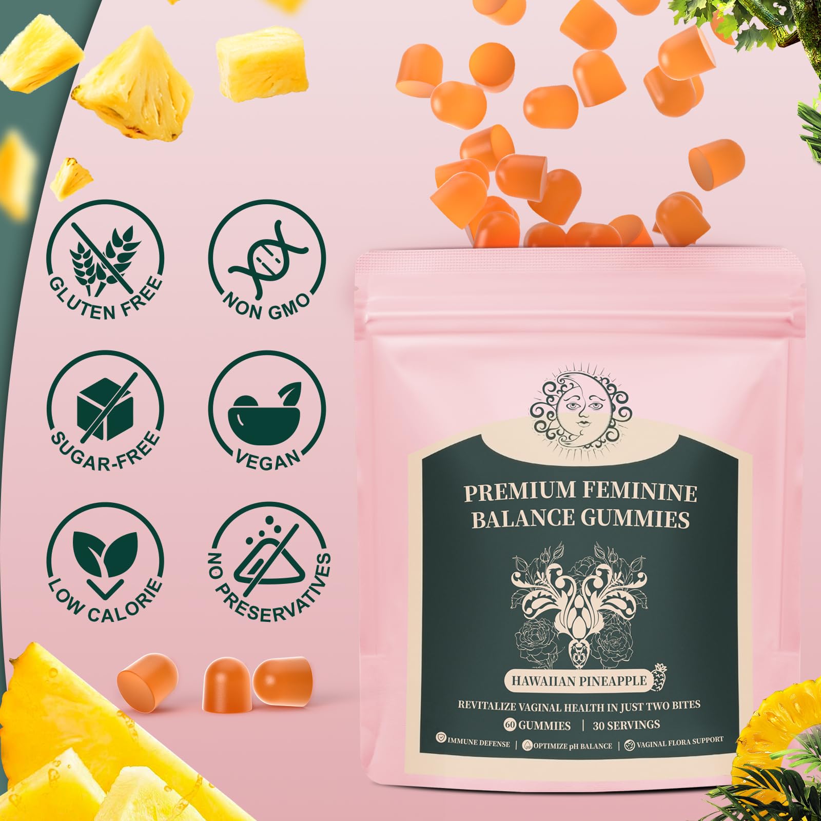 Mosslly packaging highlights vegan, gluten-free, non-GMO labeling for clean nutrition.