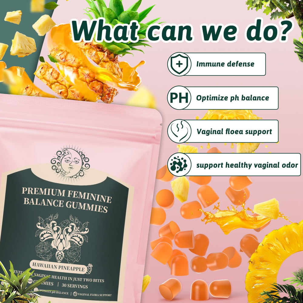 Mosslly Feminine Balance pineapple-flavored gummies offer tropical taste and daily convenience.