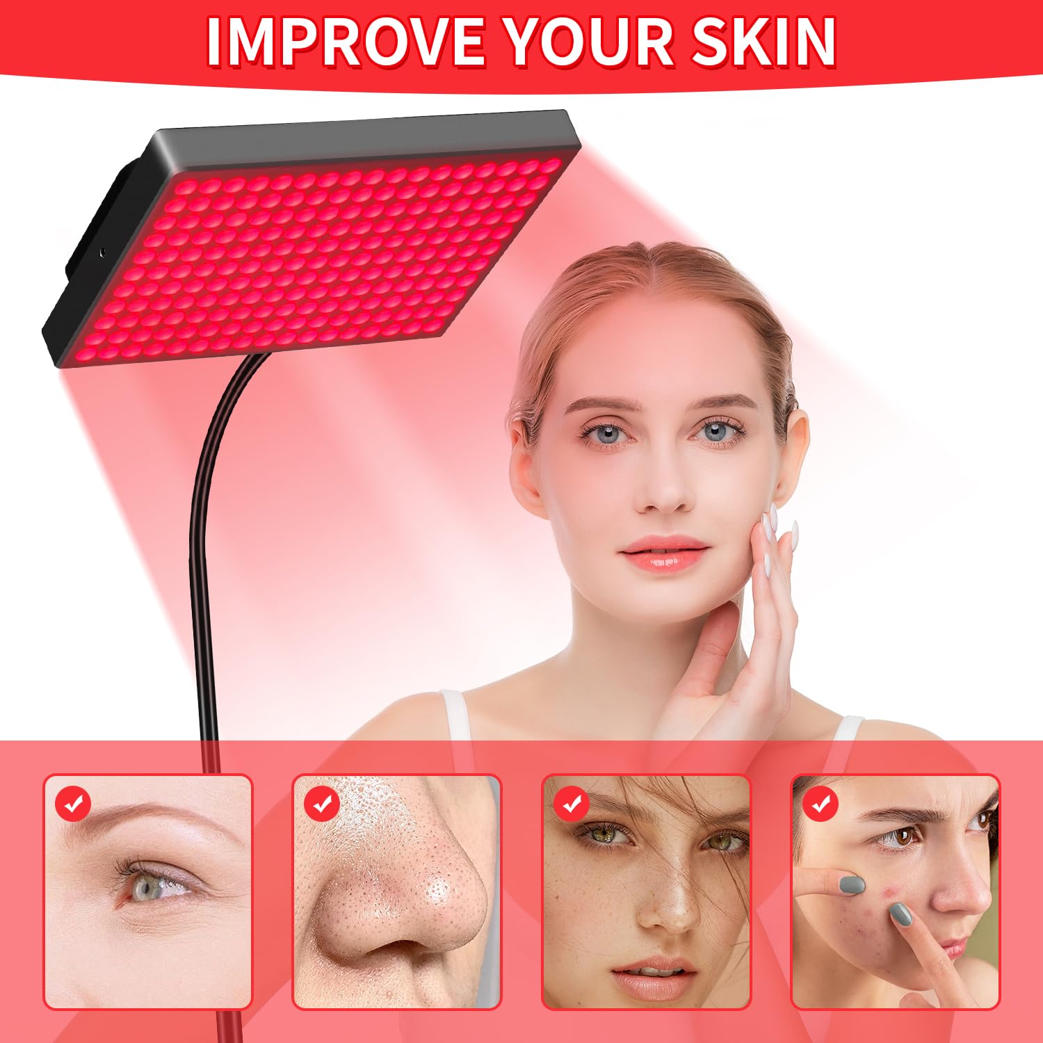 MOTAYU red light therapy lamp on stand demonstrates versatile facial and body use.