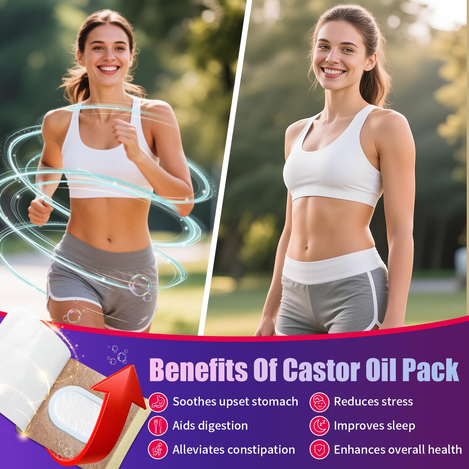 MOTEFOUS castor oil pack wrap patch during yoga shows flexible self-adhesive wear.