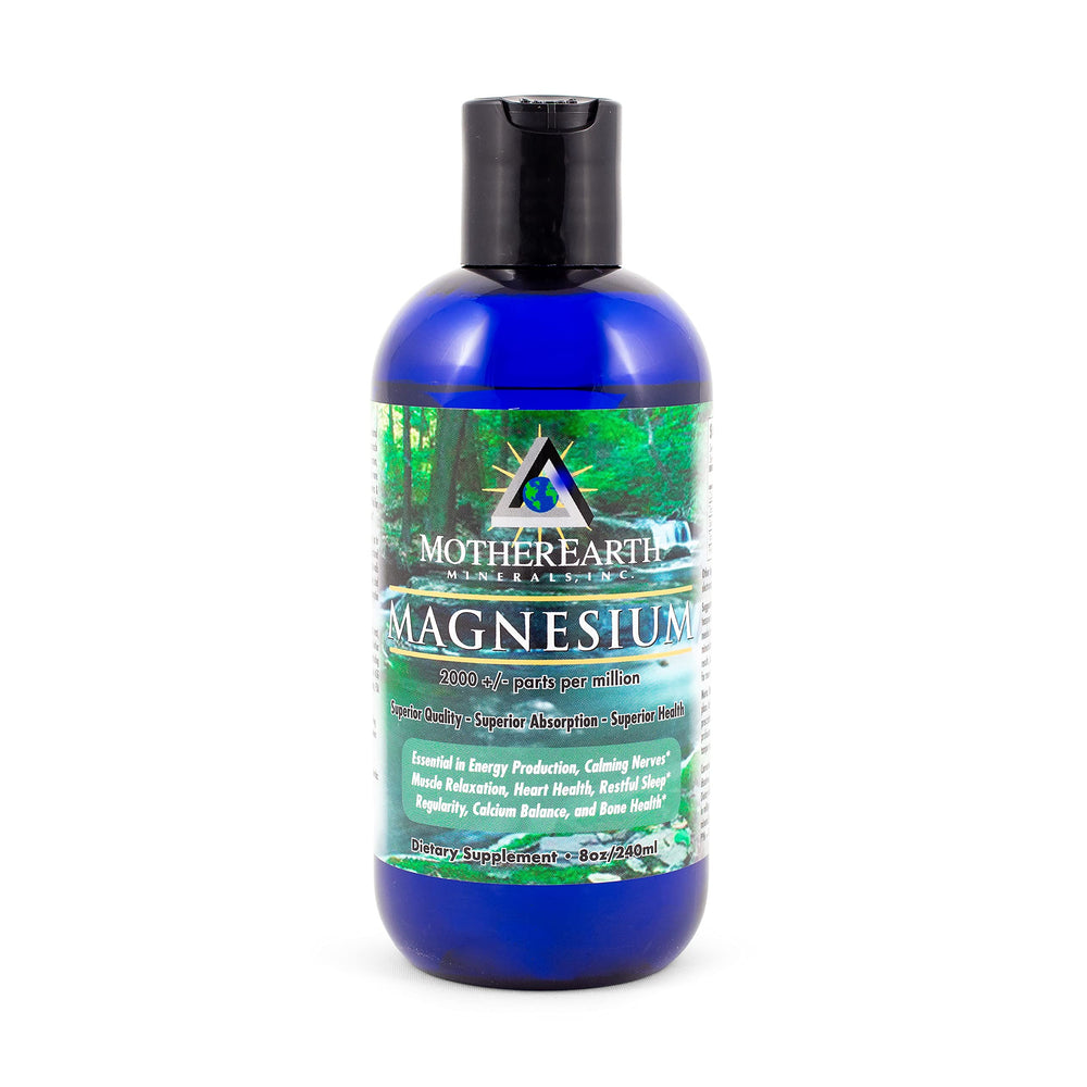 Mother Earth Minerals magnesium bottle label highlights 96 servings and bioavailability.
