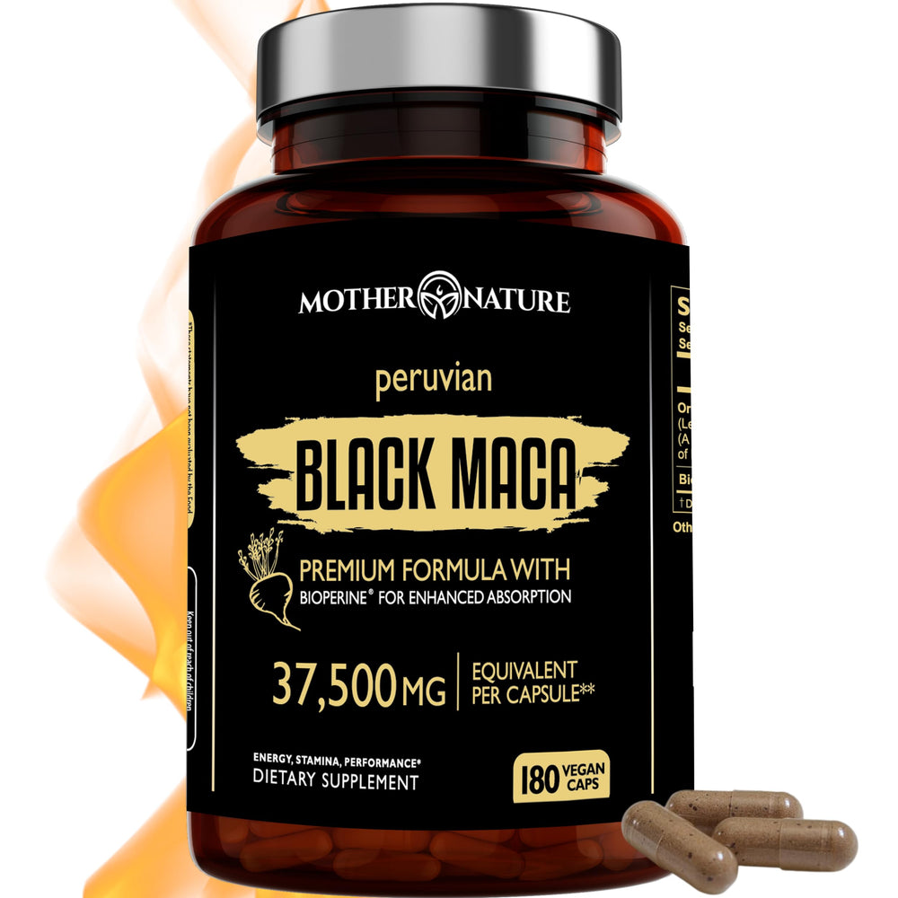 Mother Nature Organics Black Maca 50:1 bottle front for energy support.