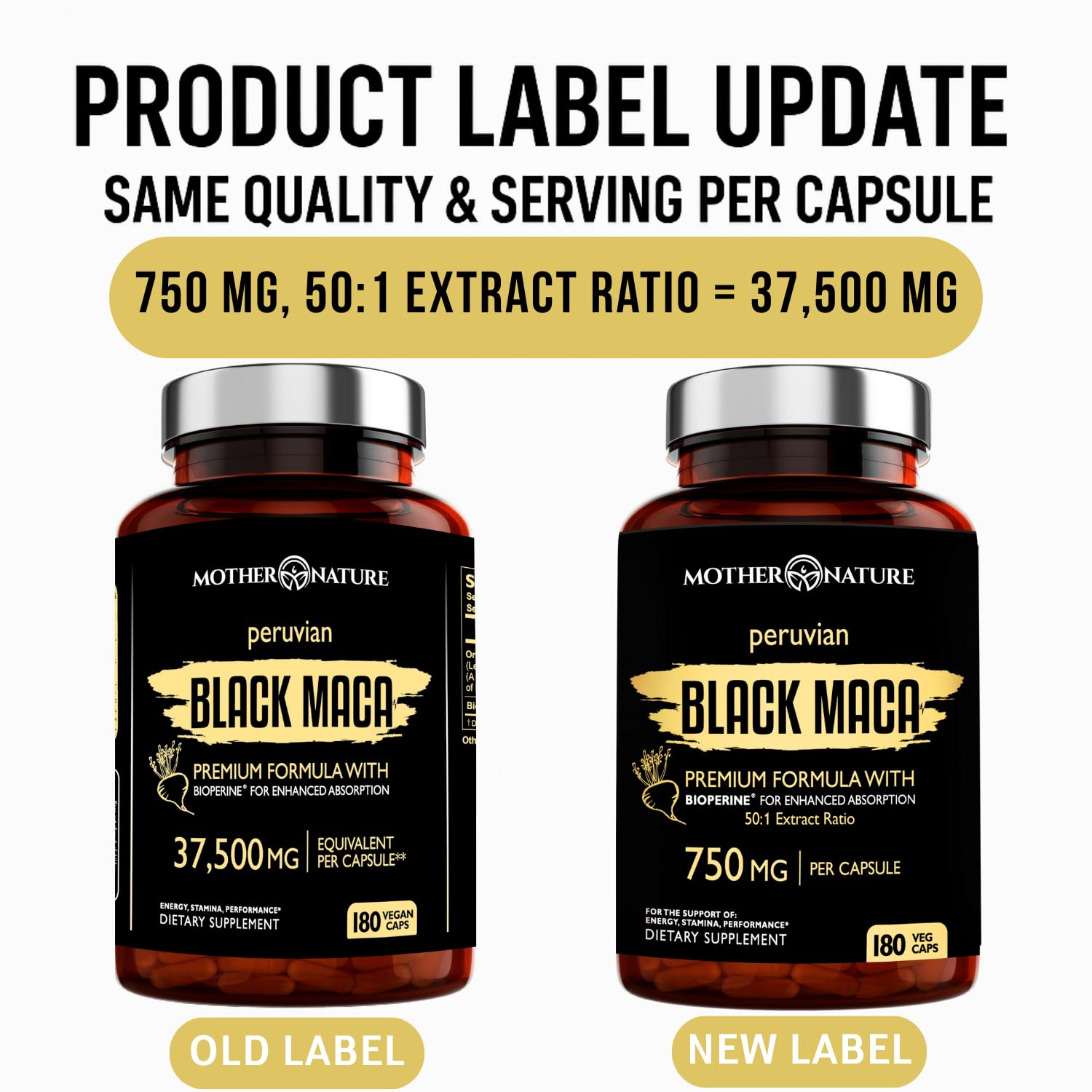 Mother Nature Organics Black Maca 50:1 label close-up showing potency.