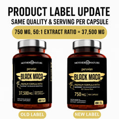 Mother Nature Organics Black Maca 50:1 label close-up showing potency.