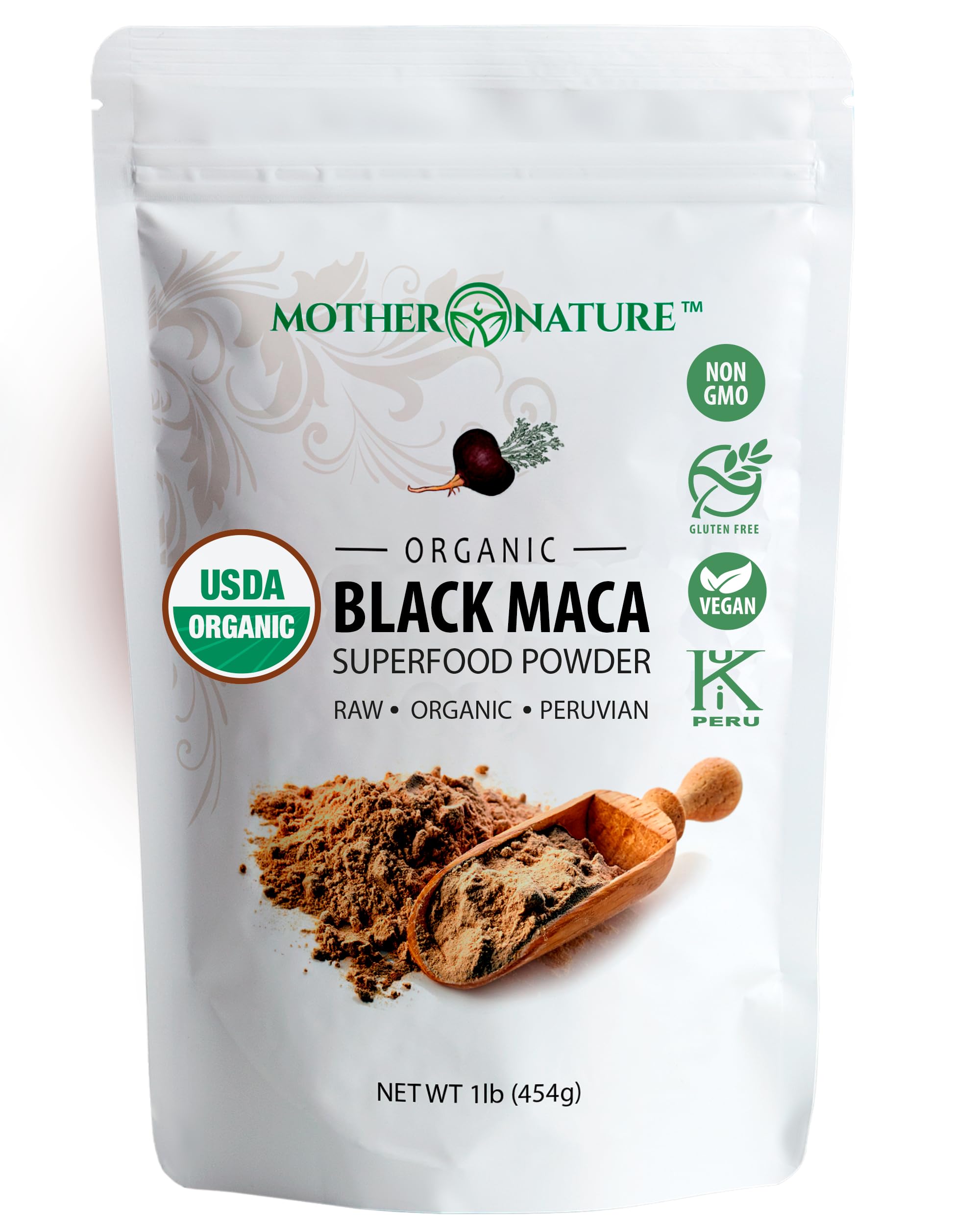 Mother Nature Organics Black Maca Powder bag showing 100% organic maca