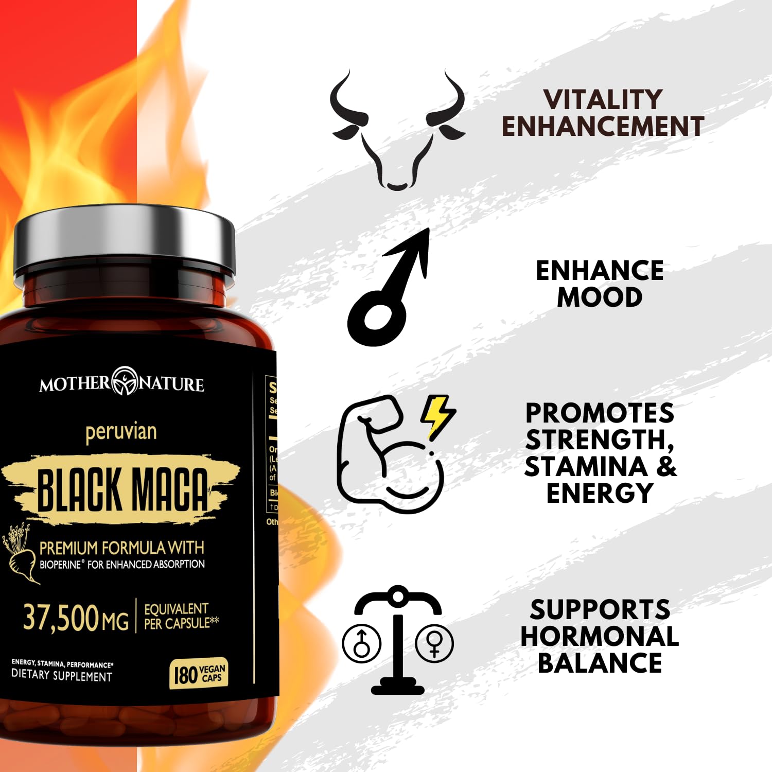 Mother Nature Organics Black Maca USA-made GMP facility badge.
