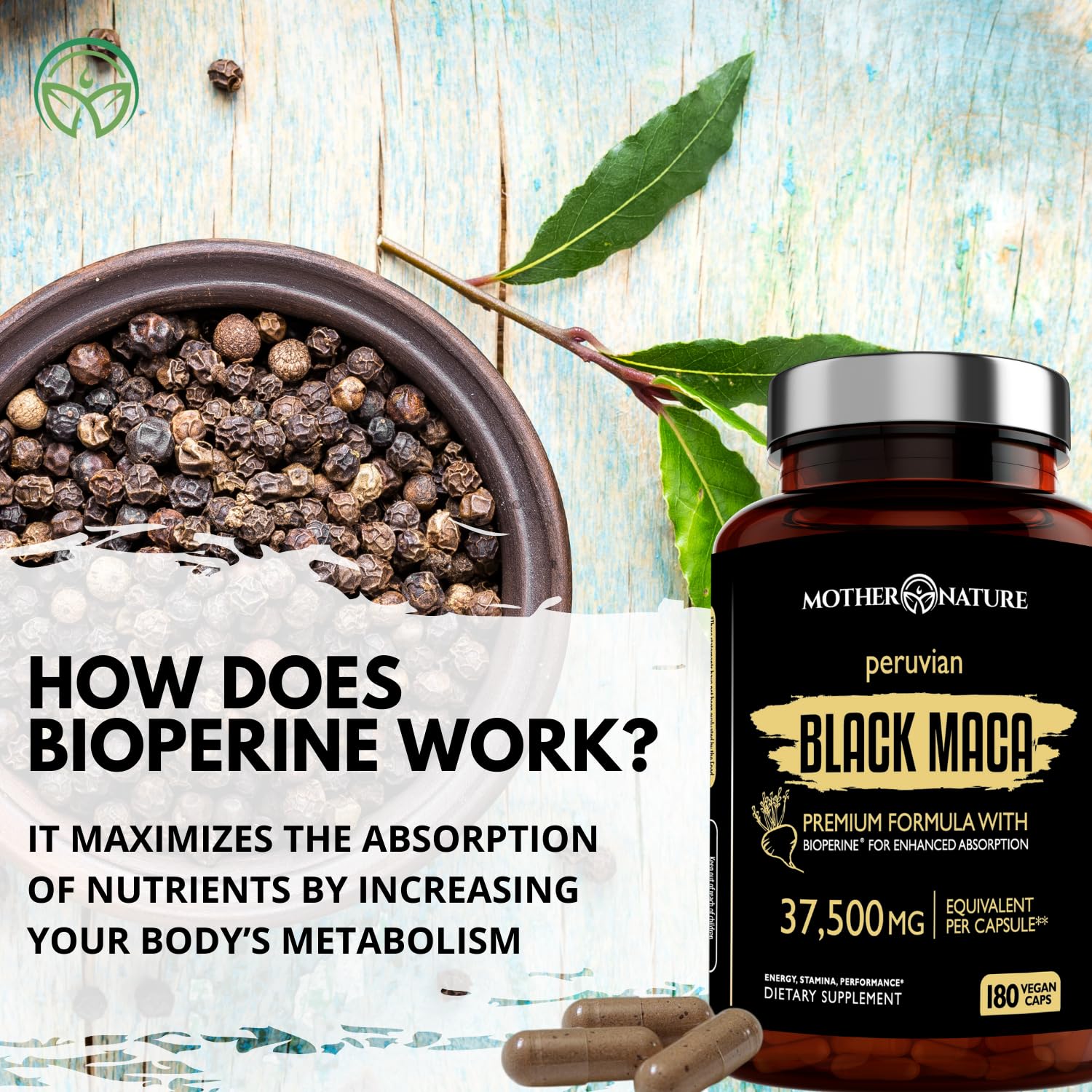 Mother Nature Organics Black Maca vegan non-GMO emblem.