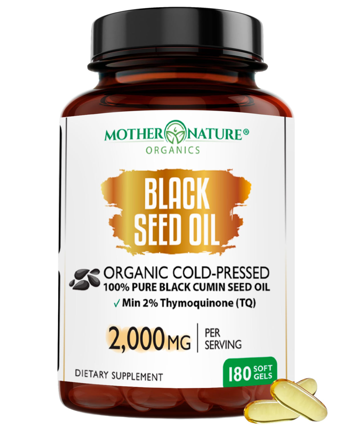 Mother Nature Organics black seed oil bottle highlights 2000 mg per serving, cold-pressed quality.