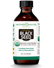 Mother Nature Organics Black Seed Oil bottle showcases premium cold-pressed formula for daily use
