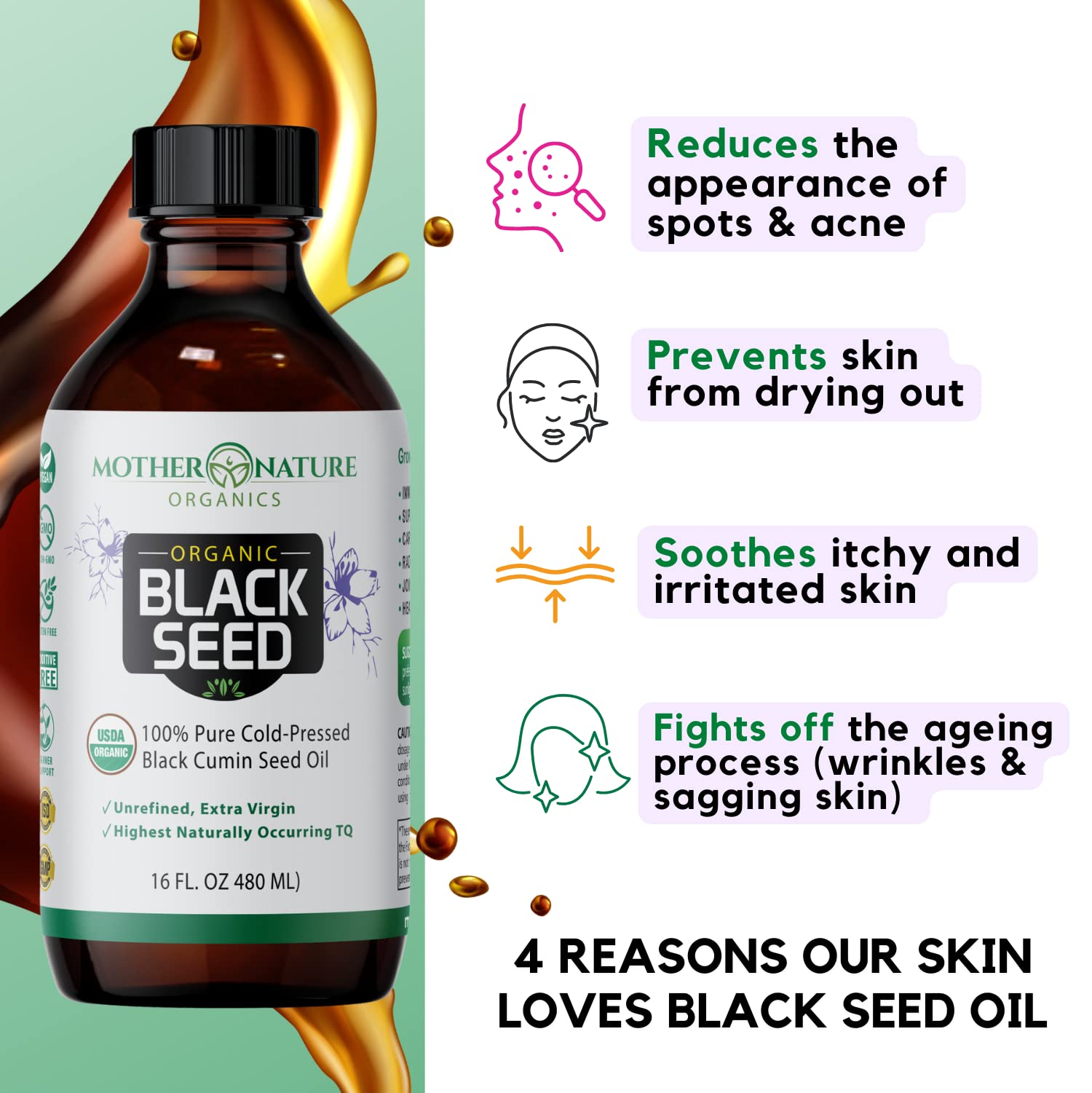 Mother Nature Organics Black Seed Oil dropper cap allows precise daily measurements