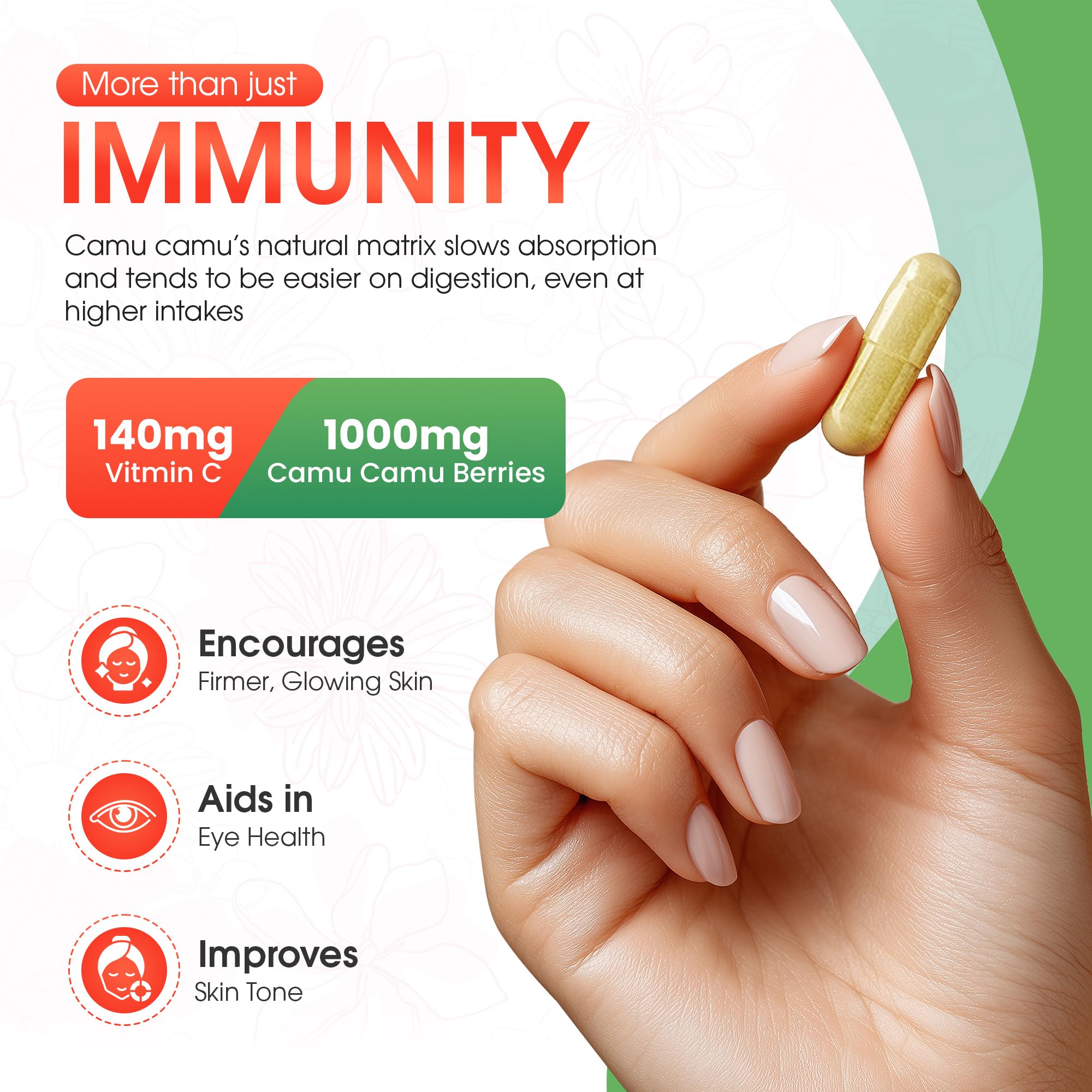 Mother Nature Organics Camu Camu capsules close-up highlighting vegan capsules
